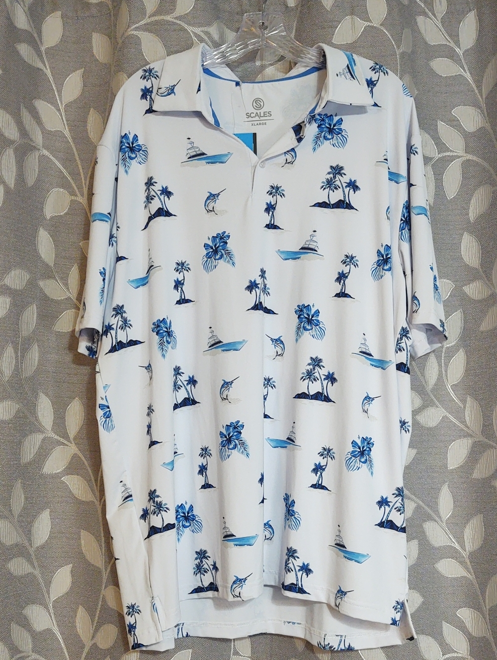 Scales Men’s White & Blue Tropical Print Polo Shirt size XL
